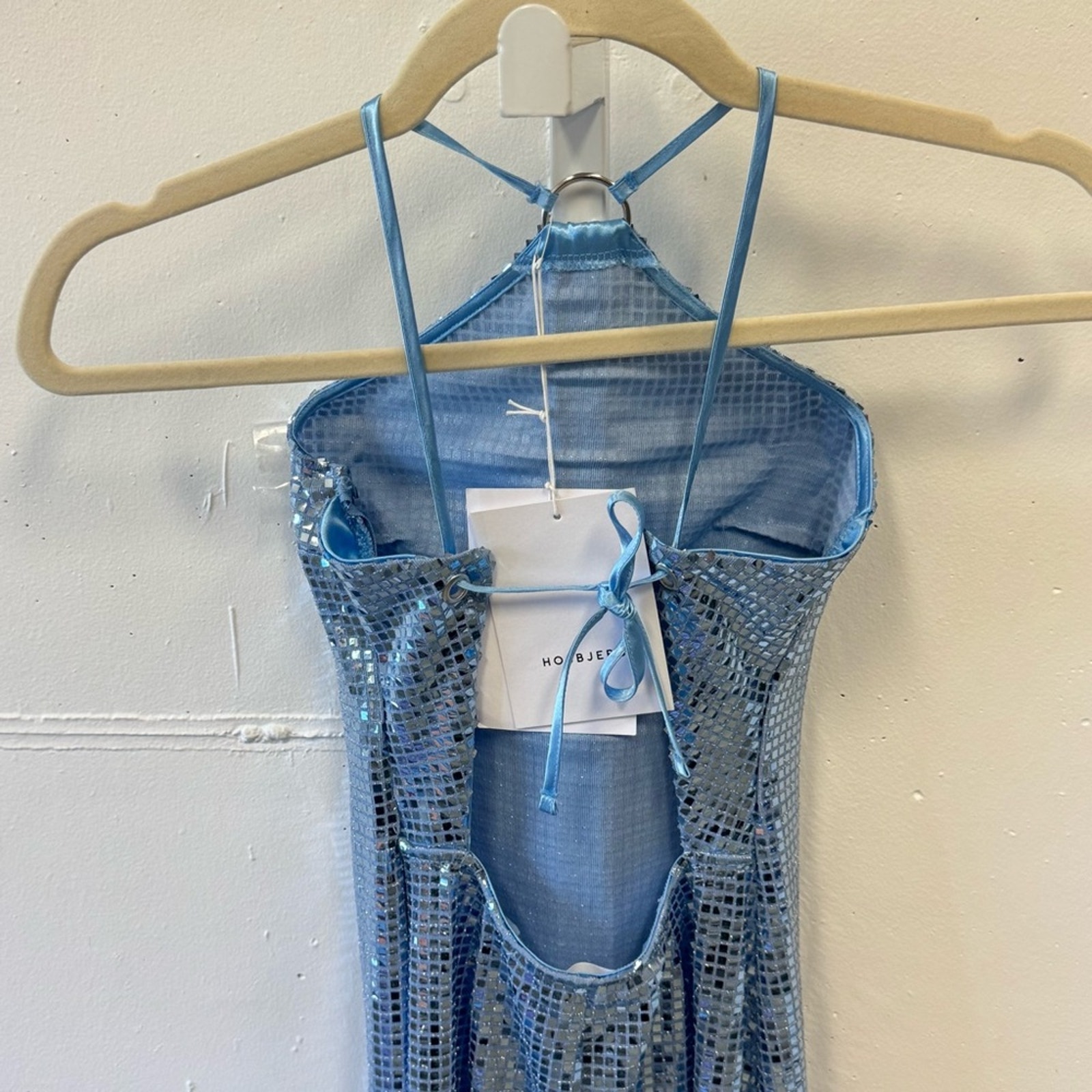 Nwt Hosbjerg Sequin Melina Halter Bodycon Midi Dress Winter Sky Blue Xs Stretch — image 6 of 8